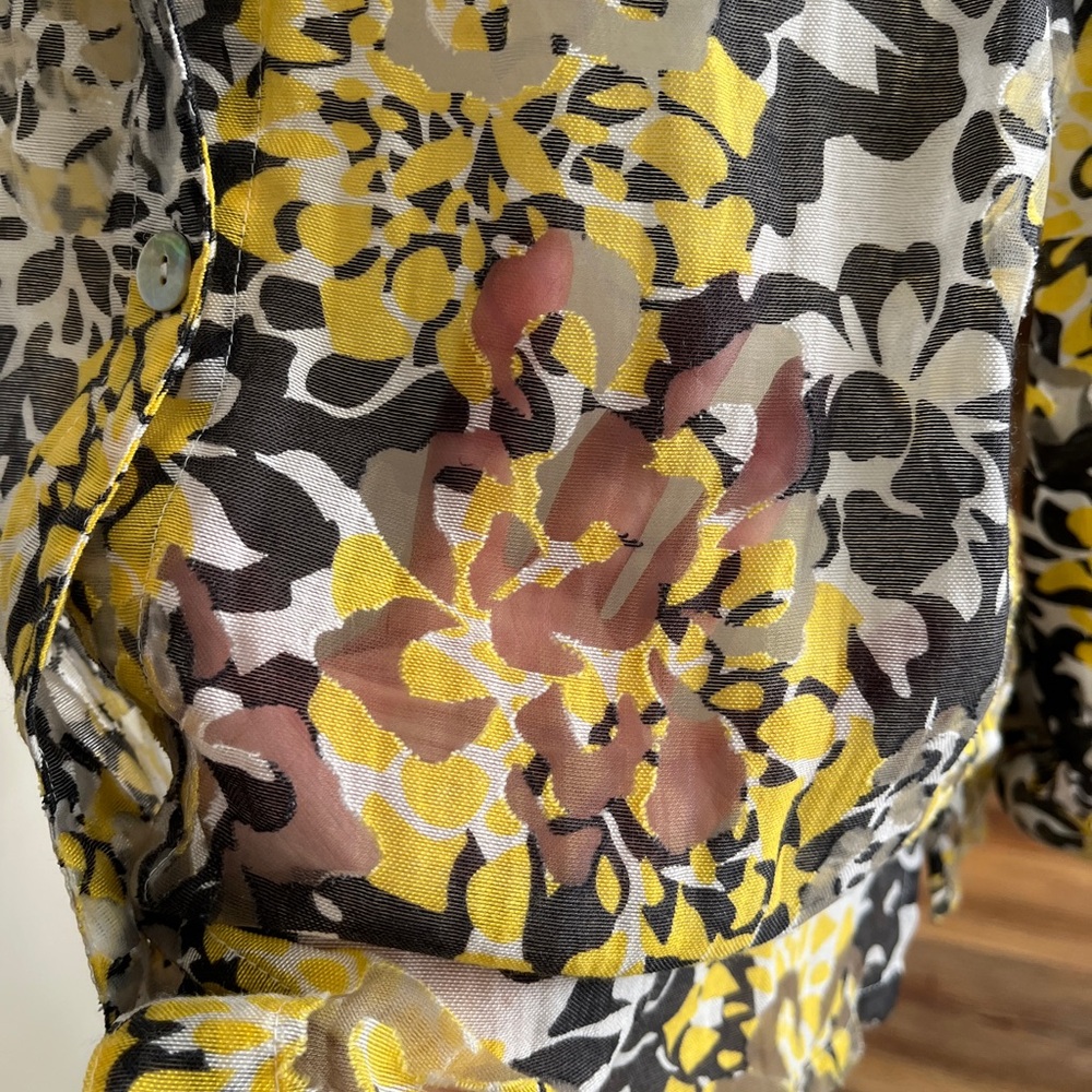 Ruby Rd. Floral Blouse in Yellow and Gray, sheer, long sleeve, front buttons - Picture 7 of 14